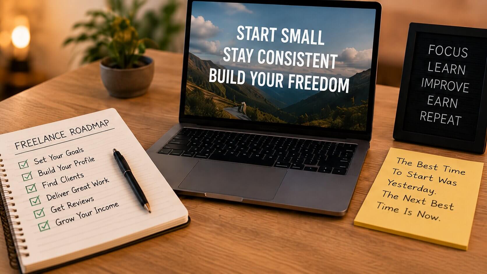 Freelancer building an online career from home workspace