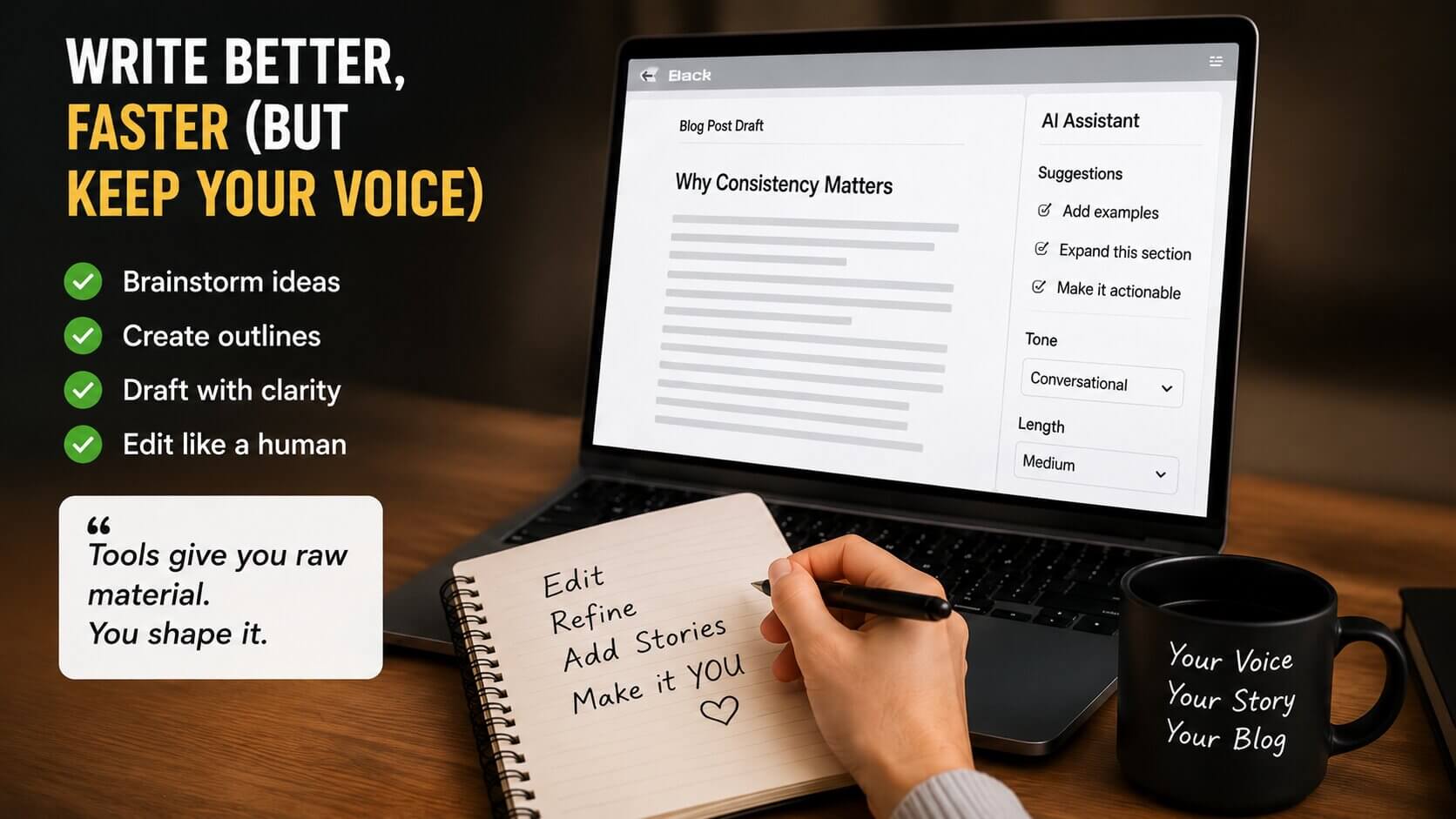 AI-assisted blog writing workspace showing content drafting, editing, and authentic storytelling