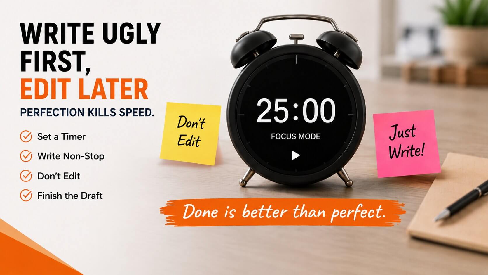 Focused blogger using timer technique to write blog drafts faster without editing