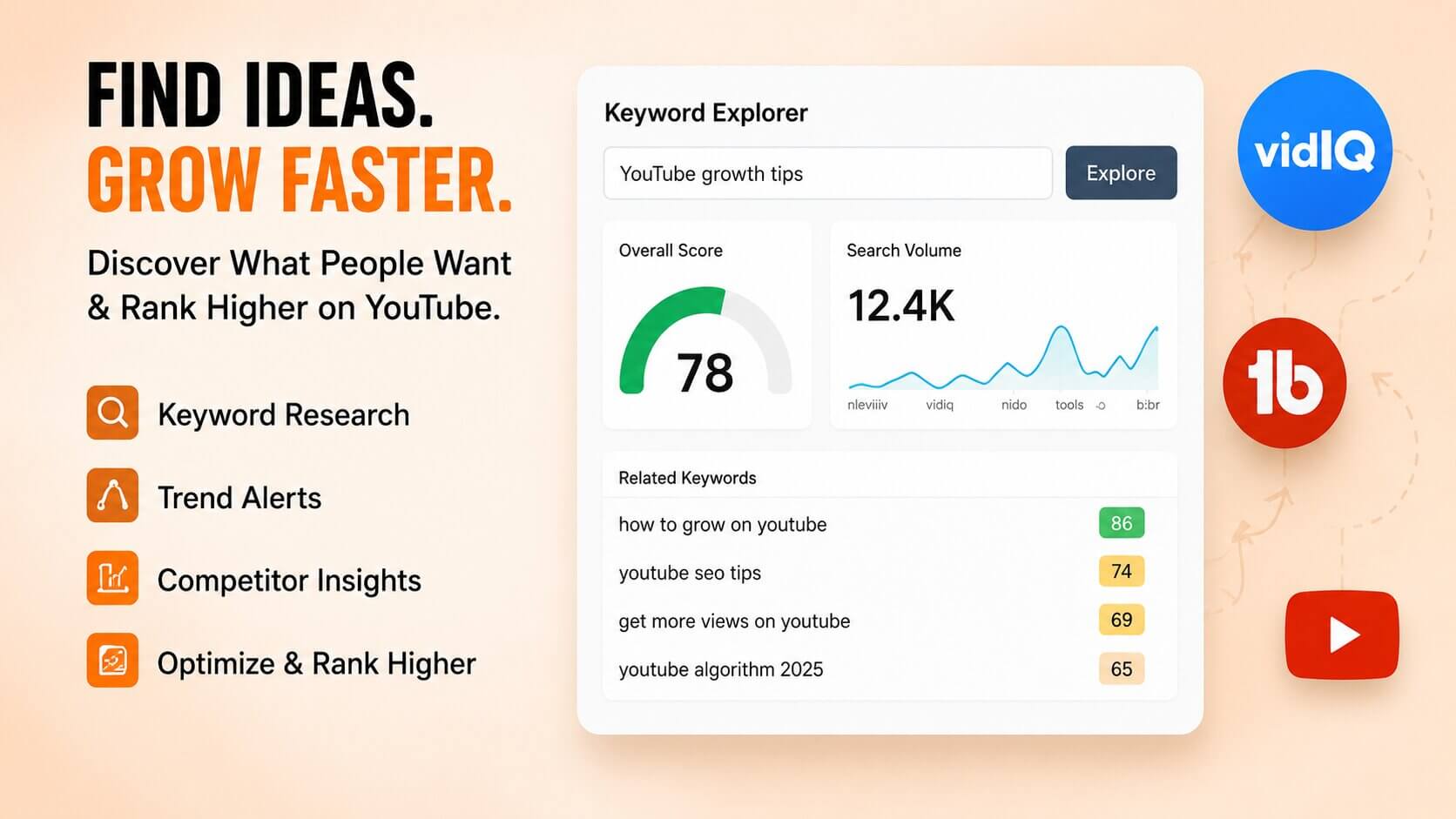 YouTube SEO dashboard showing keyword research analytics, trend tracking, and video optimization tools