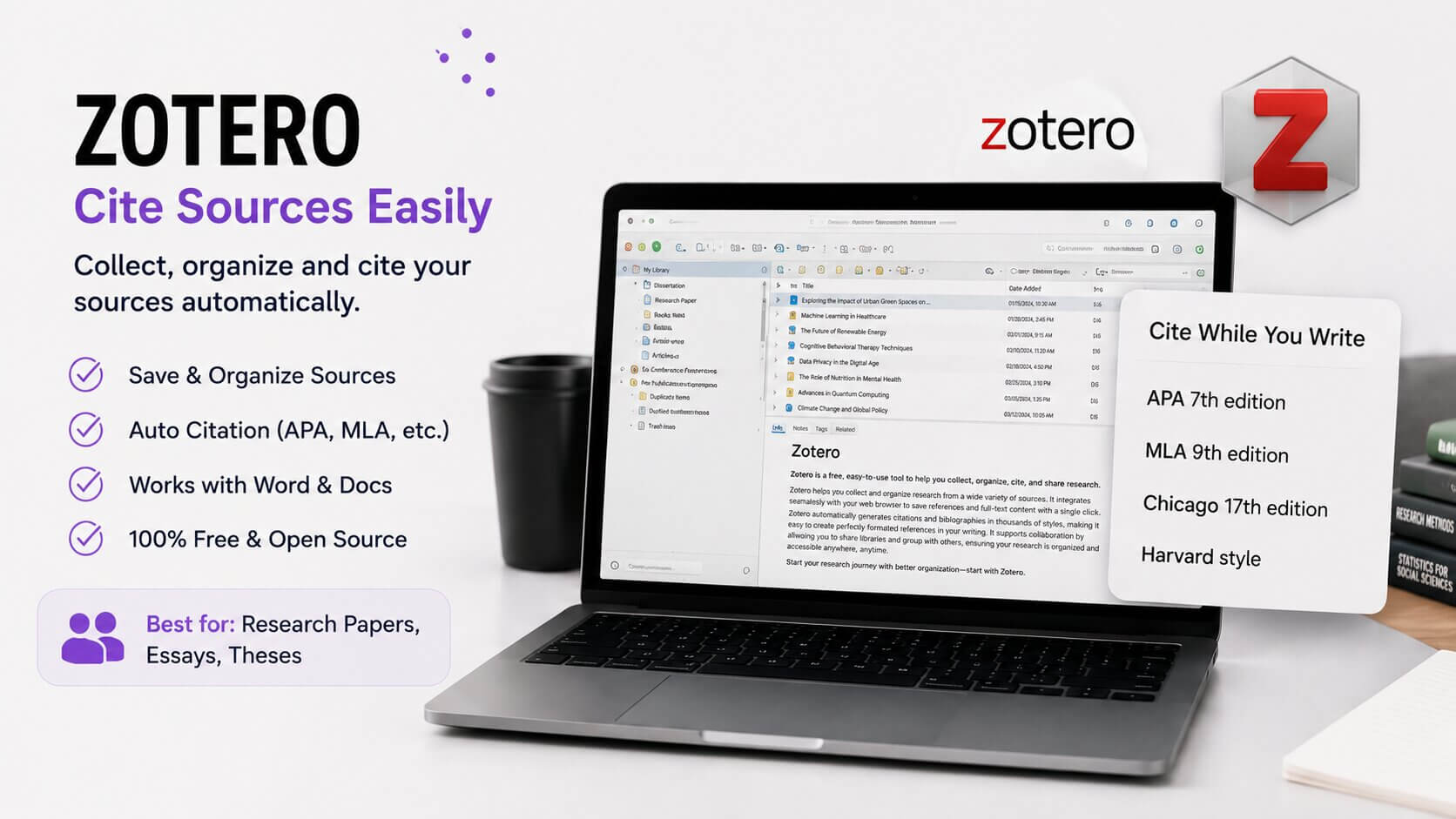 Laptop displaying Zotero citation management software for academic research and bibliography organization